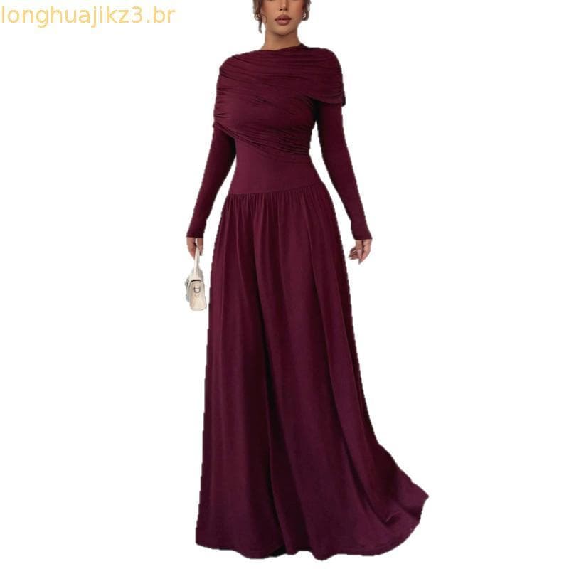 Nova Cor Sólida Ruched Outono Xale Cintura-Cinching Sem Costas Magro-Ajuste Manga Longa Festa Vestido De Noite