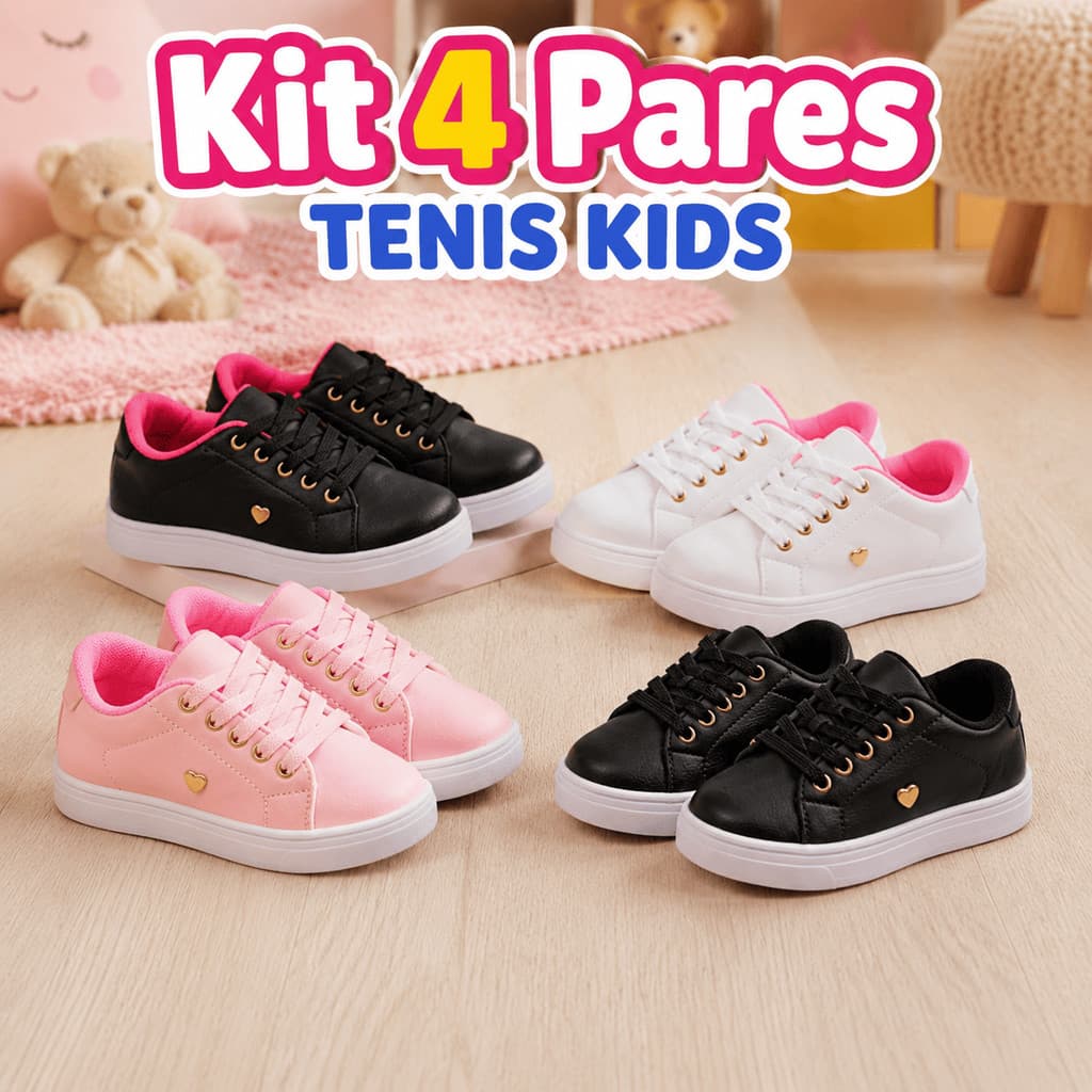 Kit 4 Pares Tênis Infantil Menina Com Coração Várias Cores 100% Original - Frete Grátis