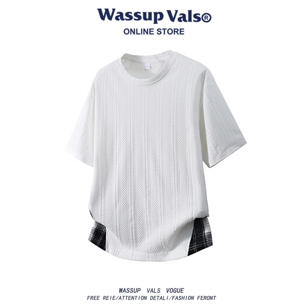 WASSUP VALS Costura Contraste Cor Jacquard Gola Redonda Camiseta de Manga Curta Masculina Verão Fino Texturizado Tamanho