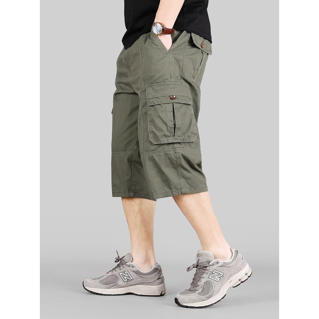 Multi-bolso puro algodão verão macacão fino calças cortadas masculino ao ar livre Casual calças de 7 pontos All-Match em