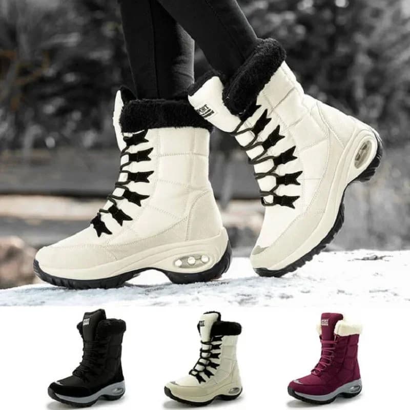 Botas de cano alto para mulheres, plataforma, forradas de pele, quentes, botas de neve, calçados de inverno, impermeávei