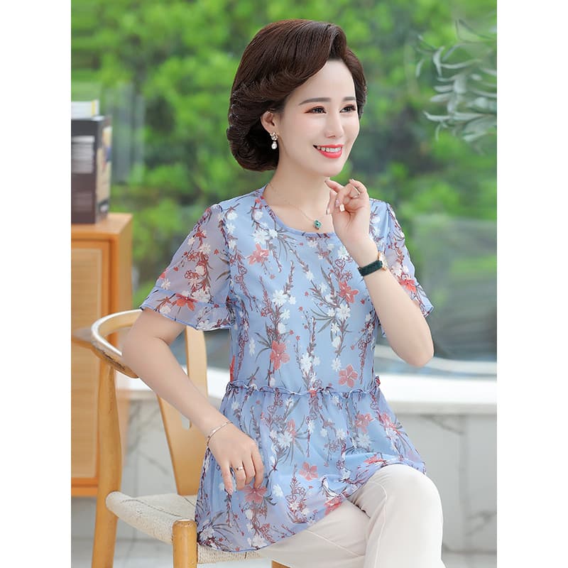Mãe de meia-idade usar 2026 verão novo estilo de manga curta topo verão meia-idade idosos moda pequena camisa T @-