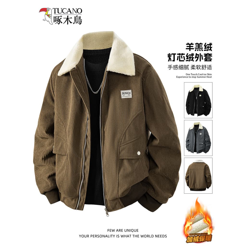 Woodpecker lã de cordeiro acolchoada jaqueta masculina outono inverno novo estilo engrossado quente à prova de frio velu