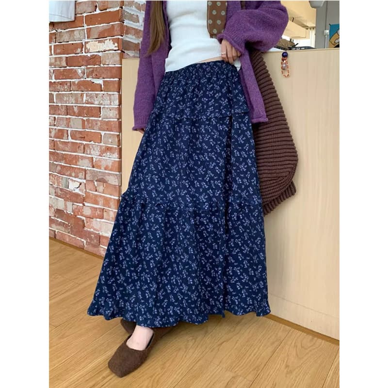 Mori estilo Retro Floral saia feminina primavera verão elástico cintura alta mais magro olhar fofo bolo saia a linha gra