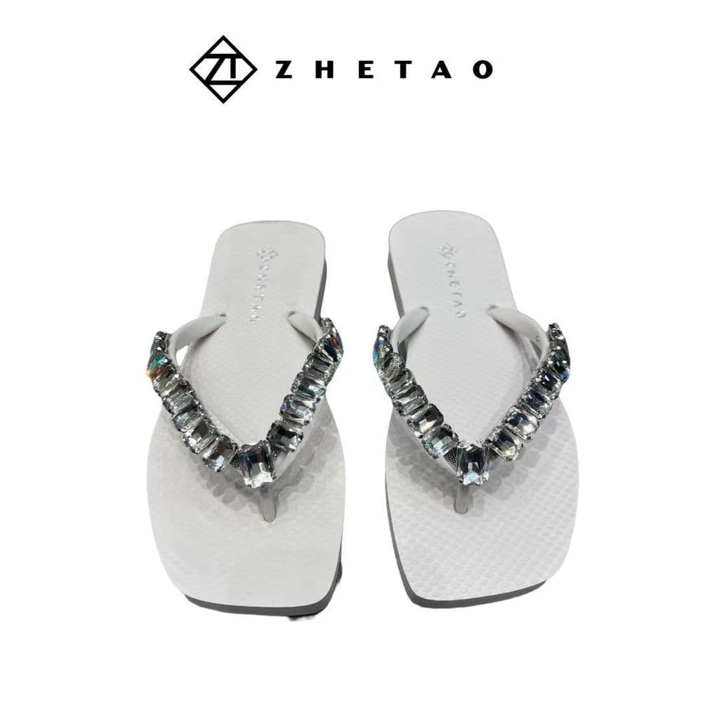 Zhetao2024 primavera verão novo estilo de borracha antiderrapante flip-flops moda cabeça quadrada brilhante diamante pra