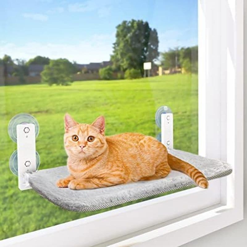 Poleiro De Janela Para Gatos Sem Fio AMOSIJOY , Rede Com 4 Ventosas Fortes , Estrutura De Metal Sólido E Capa Macia , Ca