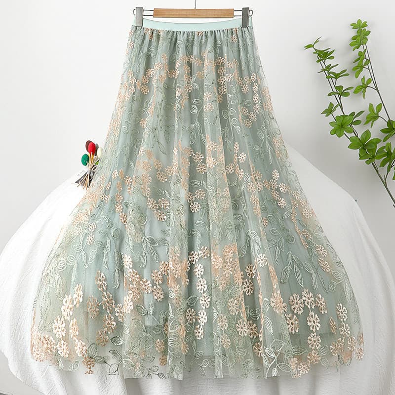 2026 verão novo estilo cintura alta mais magro olhar dupla camada gaze bordado flor a linha grande bainha saia de compri