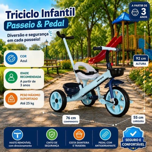 Triciclo Infantil Com Empurrador E Pedal Azul Passeio Seguro Criança Menino Menina