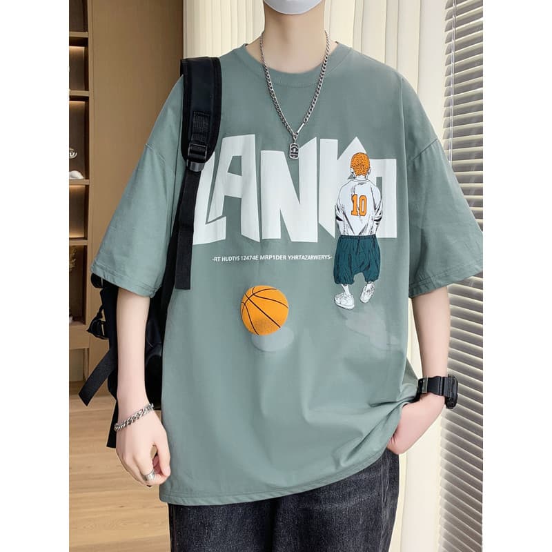 Puro algodão de manga curta masculino verão novo estilo Street Wear solto impresso meia manga camiseta estudantes adoles