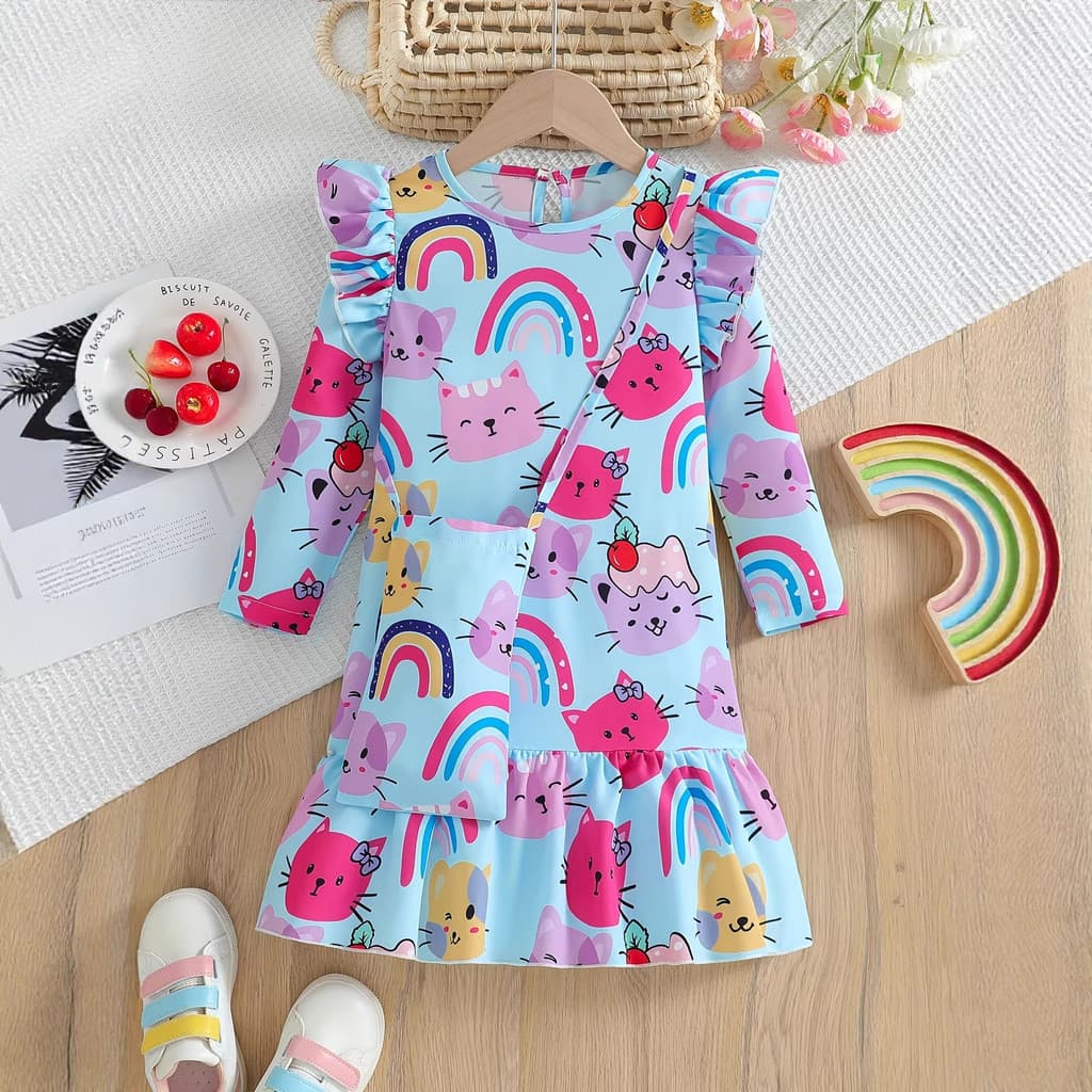 Roupas infantis transfronteiriças Kitty impressão Digital meninas vestido 2026 primavera outono novo estilo vestido de p