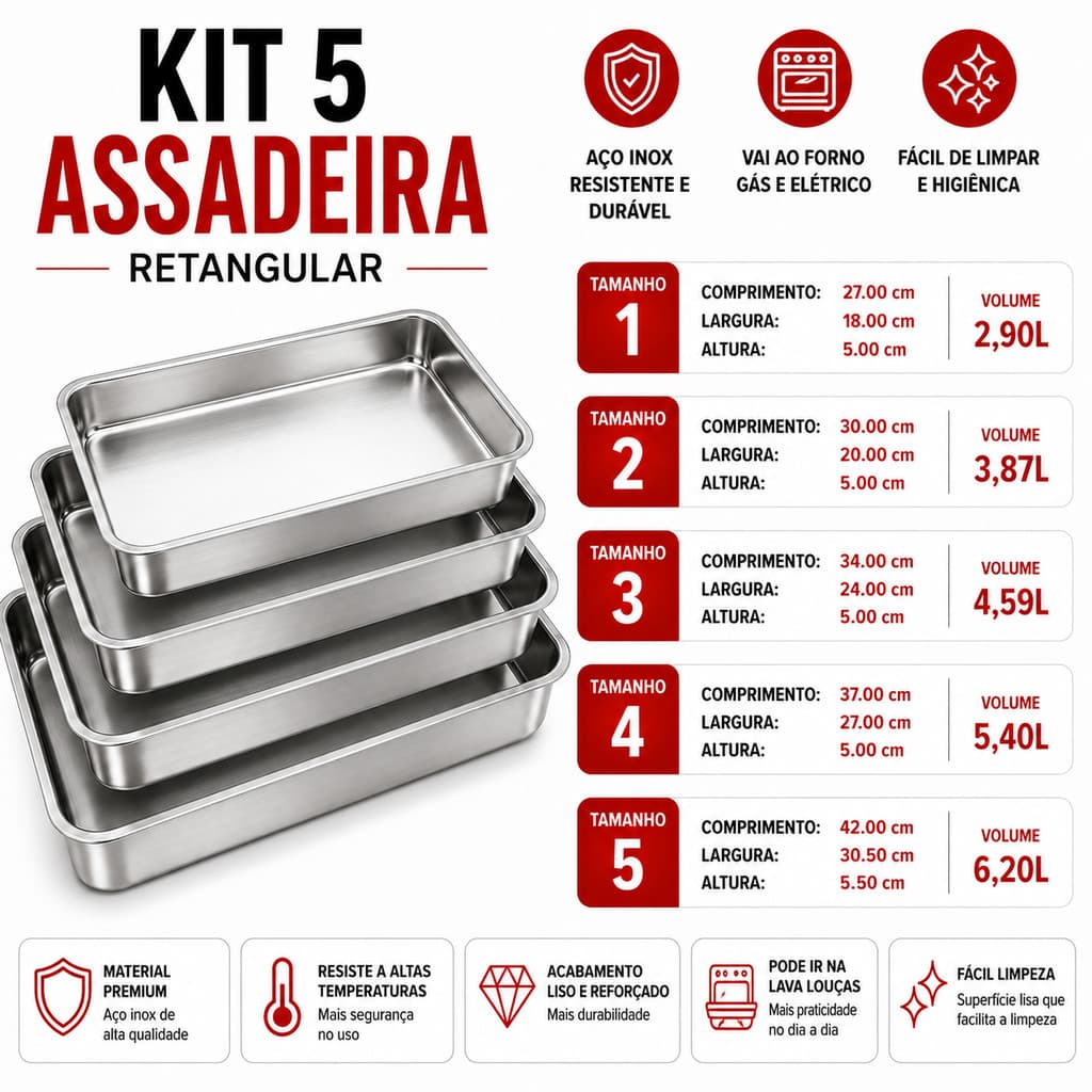 Jogo Kit Forma Assadeira Retangular 5 peças Alta Todos os Tamanhos