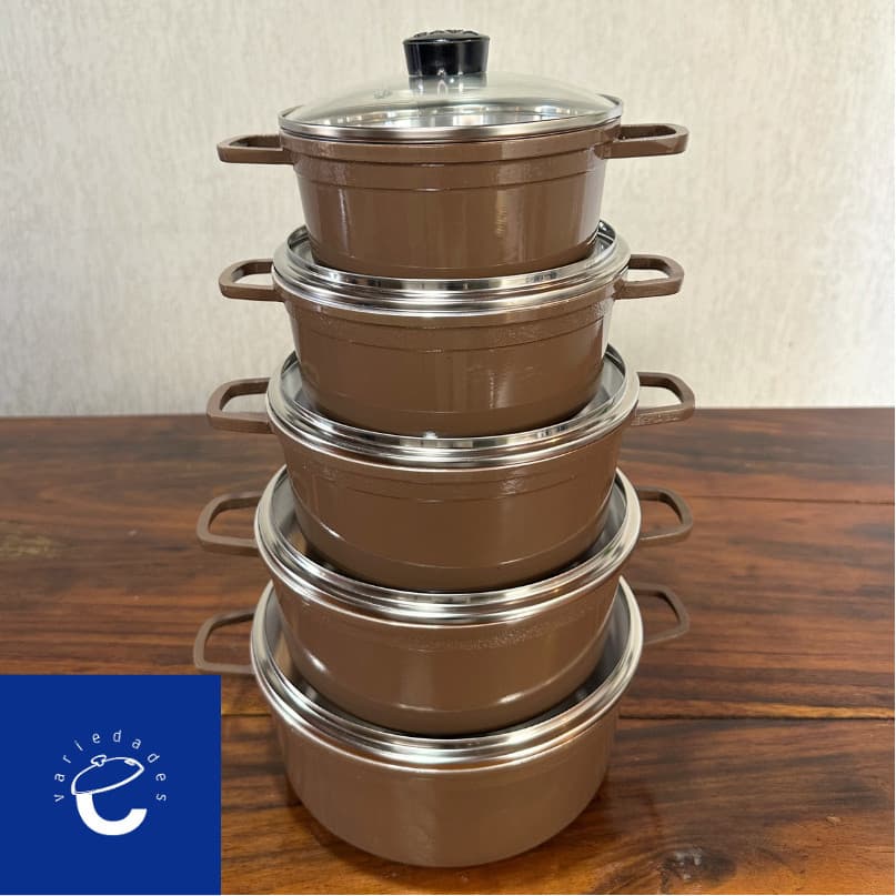Jogo de Panelas CAVA CHOCOLATE Tampa De Vidro Aluminio Fundido Cabo Alumínio Conjunto 5 peças 16-24