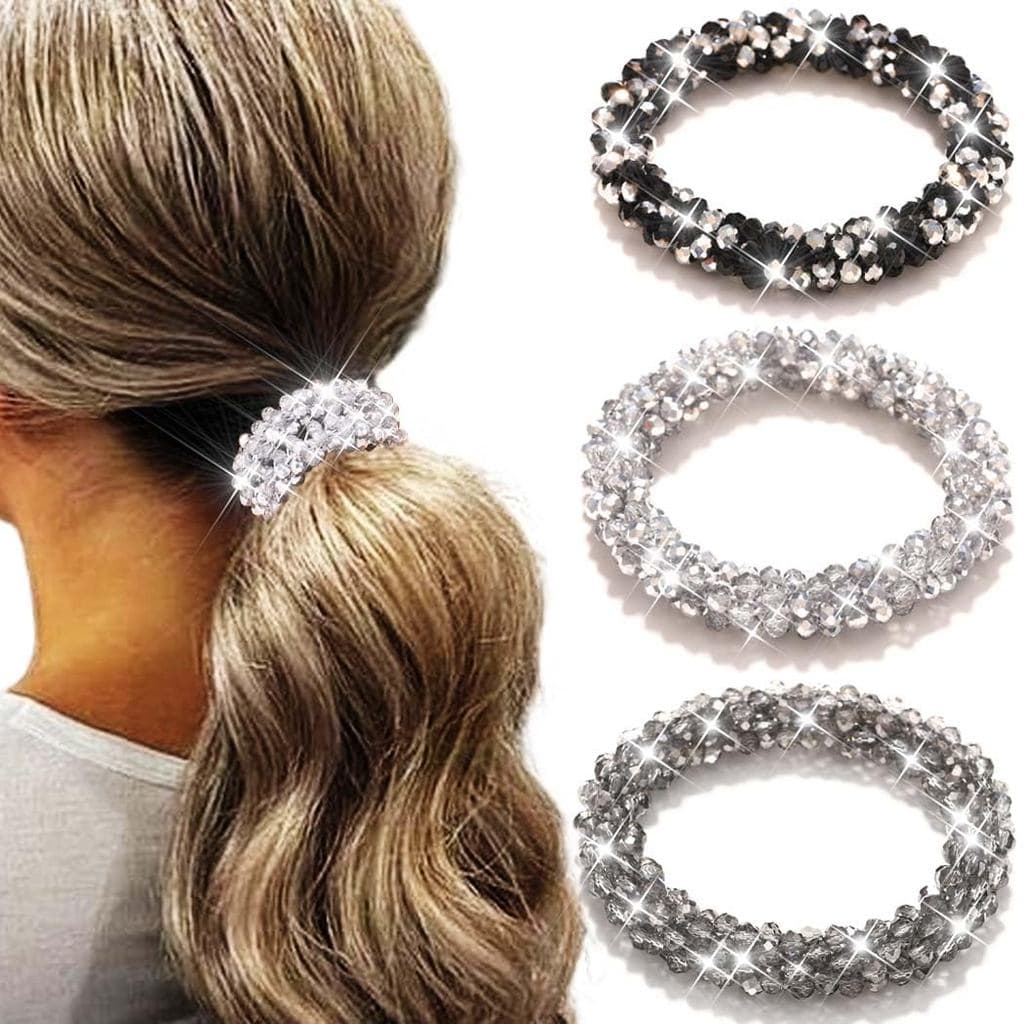 Fashey Laços De Cabelo Com Strass , Suportes De Rabo De Cavalo Elásticos Prateados , 3 Peças De Cristal