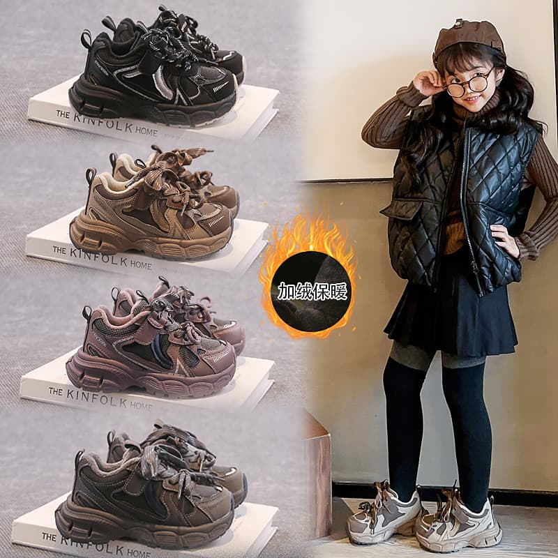 Crianças de sola grossa Retro papai sapatos meninos meninas forro de lã Anti-deslizamento sapatos esportivos outono inve