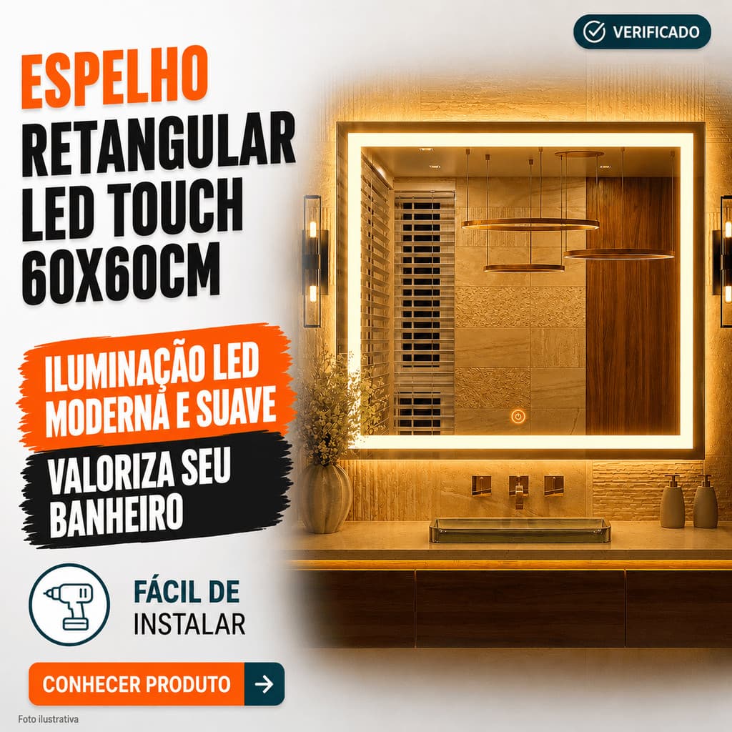 Espelho LED Retangular Touch Iluminado Banheiro Grande Jateado Decorativo com Fonte Bivolt