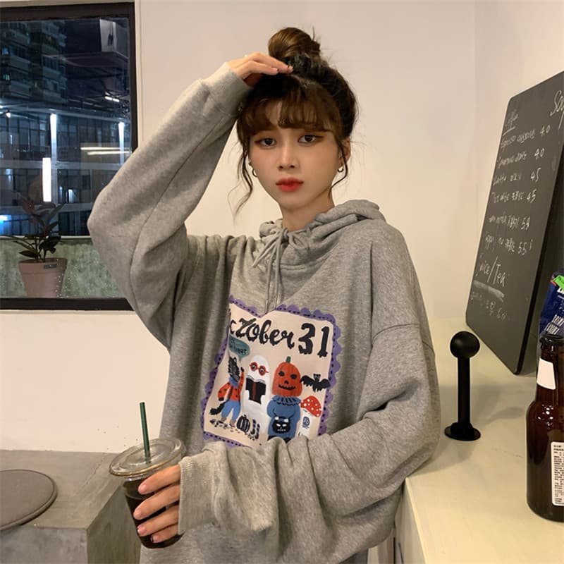Moletom cinza feminino outono inverno forro de lã espessamento 2026 novo estilo americano hiphop High Street diversão im