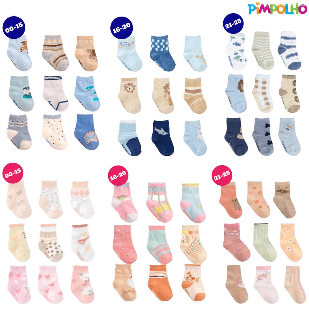 Kit 3 Pares Meia Pimpolho Antiderrapante Sortidas Menino Menina 0 A 25