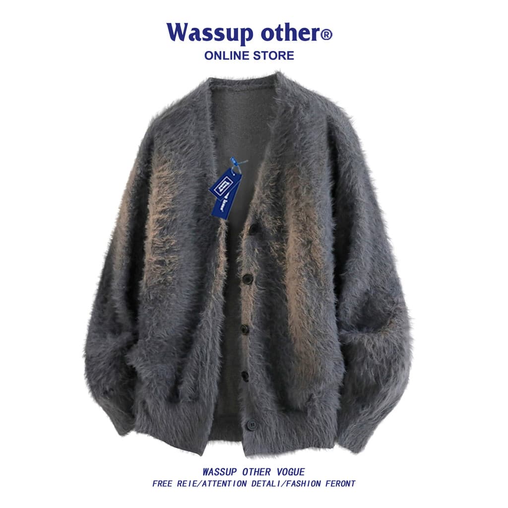 WASSUP OUTRO estilo dinheiro antigo cinza com decote em V falso vison lã malha Cardigan masculino primavera outono solto
