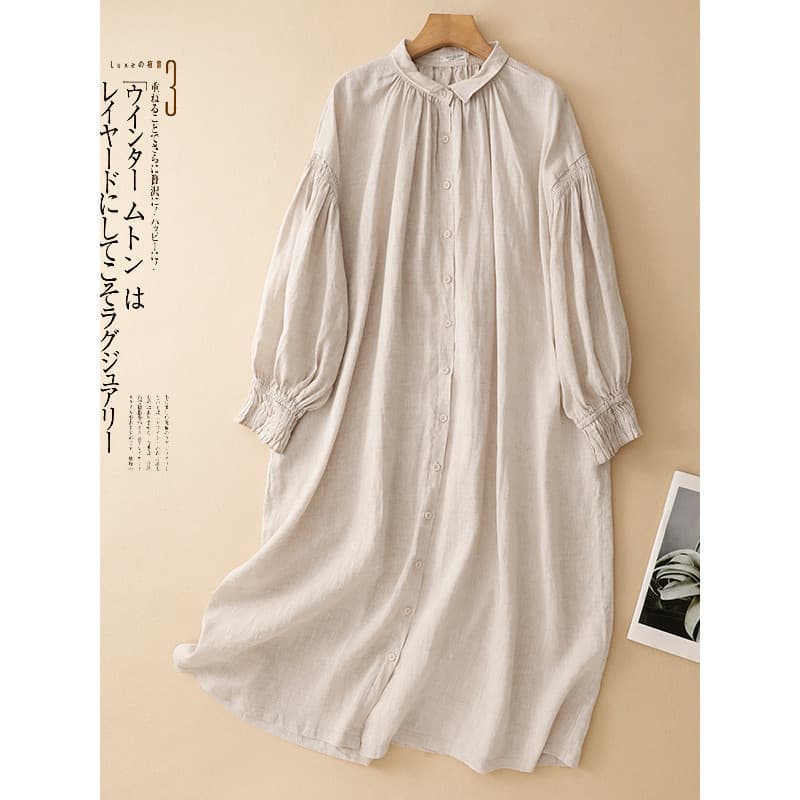 Mori estilo Retro palácio estilo lanterna manga vestido de linho feminino lapela camisa vestido solto Casual algodão lin