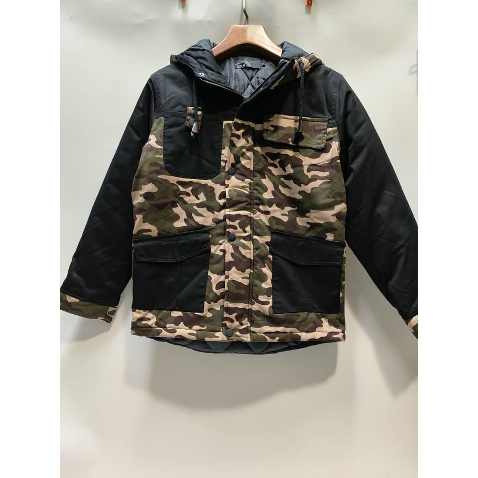Jaqueta acolchoada masculina estilo camuflagem de inverno estilo grosso e algodão com capuz
