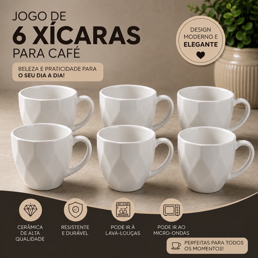 6 XICARAS PORCELANA BRANCA 100 ML PRISMA CAFÉ CHÁ KIT COM PIRES DE MADEIRA MODERNO MESA POSTA
