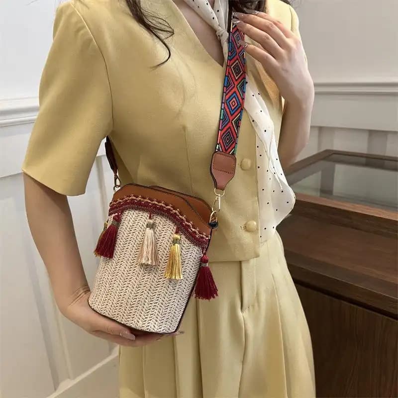 Bolsa balde tecida estilo étnico estilo férias, alça de ombro larga, bolsa Casual combinada
