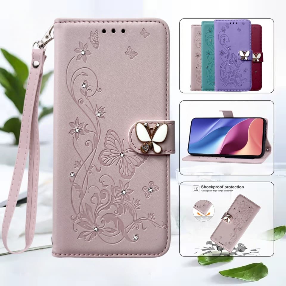 Capa Magnética Flip Brilhante Borboleta De Couro Para Xiaomi Redmi 15 15C 14C 13C 13 12 A7 Note 15 14 13 12 11 Pro Plus