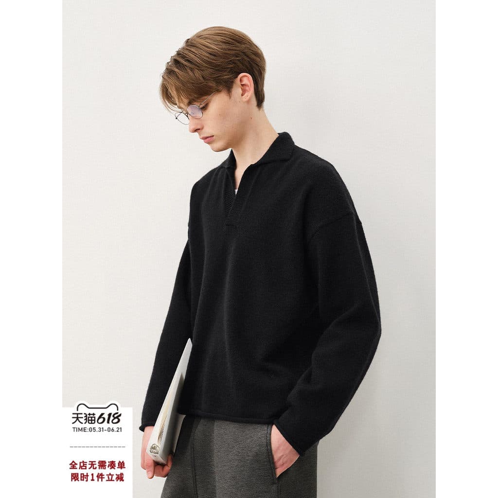 [Item com desconto] 714street Retro boxy Curto Versão Larga Lapela Suéter Masculino Outono Inverno Gola polo Moletom