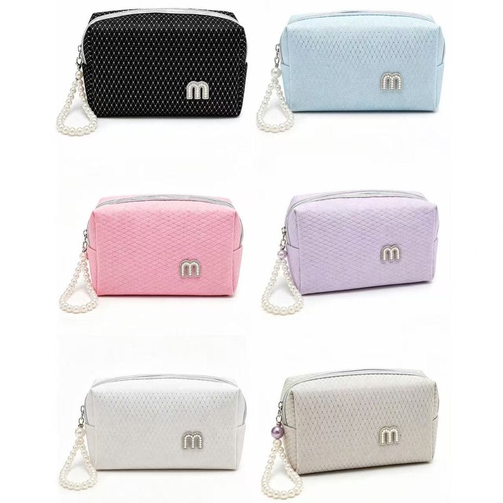 Bolsa de Maquiagem Elegante com Alça de Pérolas, Grande Capacidade para Cosméticos