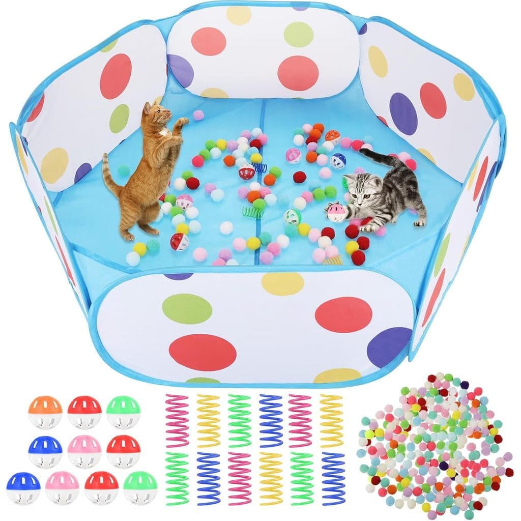Pista de Bolinhas para Gatos Inclui 200 Bolas de Pom Pom, 10 Bolas com Guizo e 12 Brinquedos de Mola para Gatos, para Br