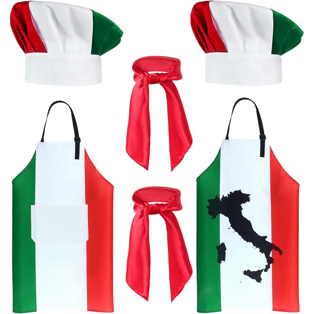 Kyson 6 Peças de Fantasia de Chef com Bandeira Italiana, Avental e Chapéu de Chef de Pizza Italiano, Bandanas para Adult