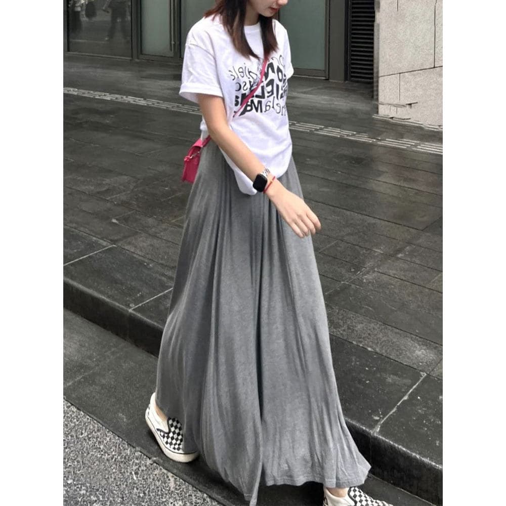 Drape cinza Modal elegante grande balanço saia longa cor sólida feminina cintura alta a linha saia andando curvada elega
