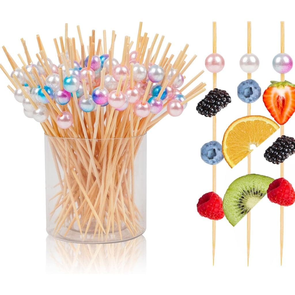 Palitos para Coquetéis, Palitos Decorativos com Pérolas, 100 Peças, 4,7 Polegadas de Comprimento, Palitos para Frutas, p