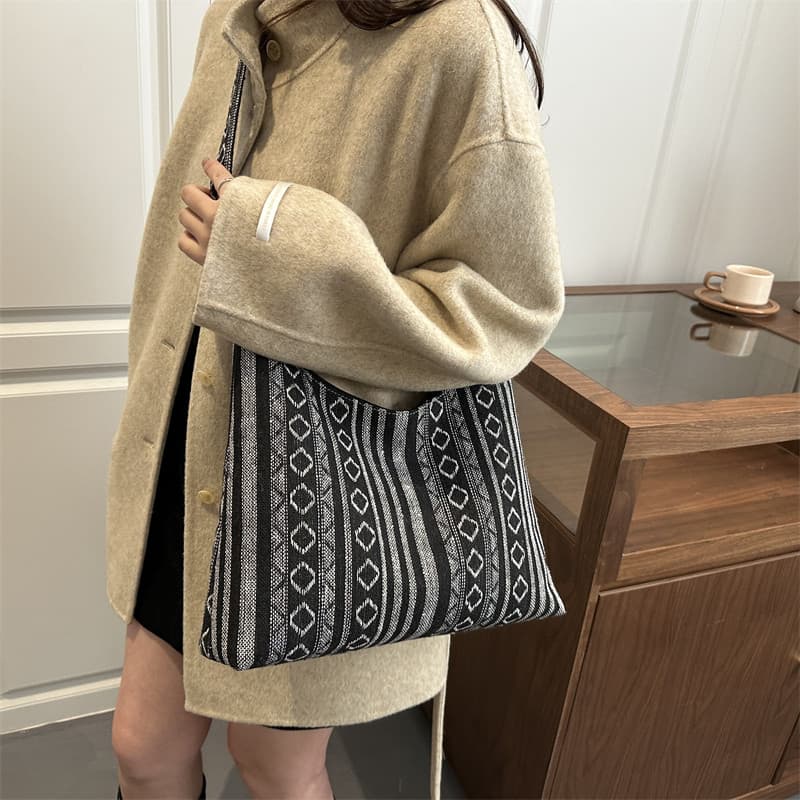Estilo étnico listrado sacola feminina grande capacidade 2025 novo estilo Retro lona bolsa de ombro Commuter