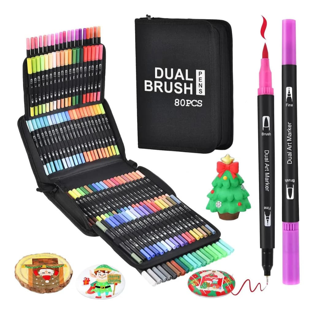 Kit24/36/48/60/80/Cores Caneta 2 em1 Brush Lettering e Ponta Fina Dual Pen Canetinha Colorir Desenho