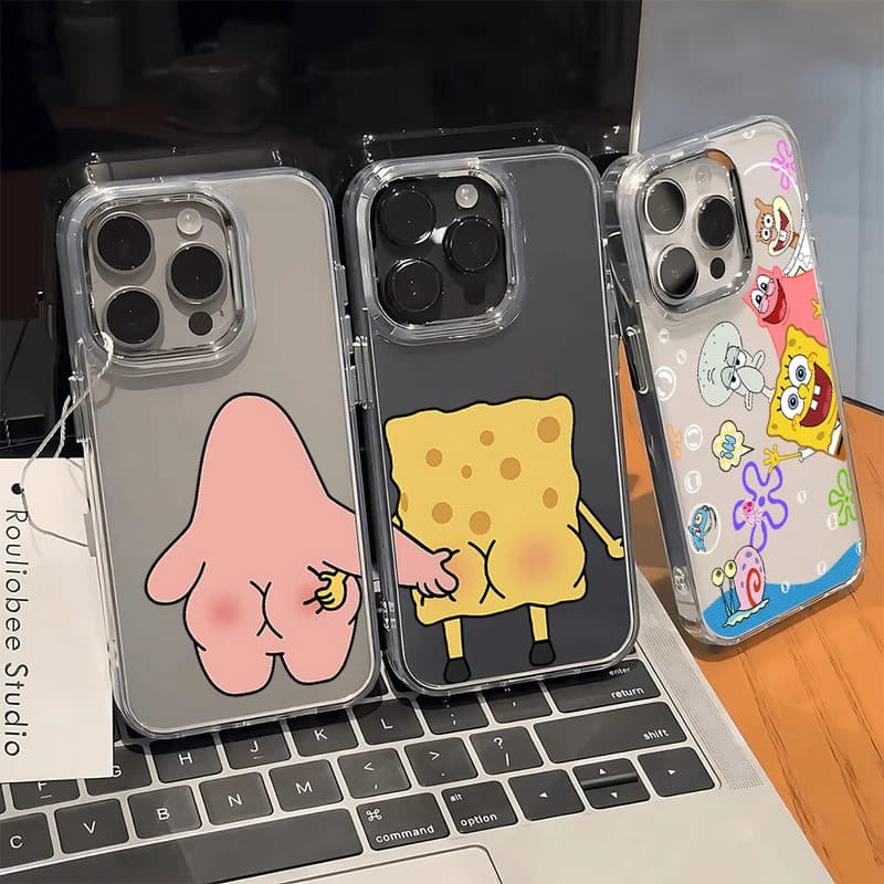 Capa divertida Bob Esponja bunda pitada anti-queda, compatível com iPhone 17 16E 16 15 14 13 12 11 Pro Max X XR XSMAX