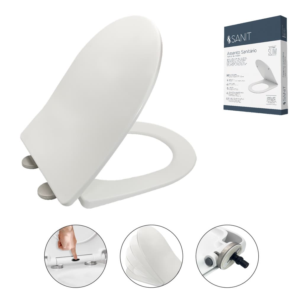 Assento Sanitário PP SLIM CARRARA/LINK/ RIVIERA/SMART/ NEO/NEXO BRANCO Soft Close SANIT