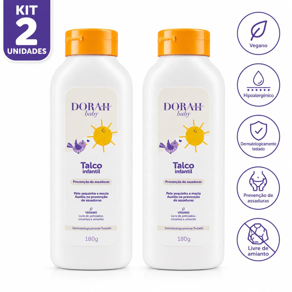 Kit 2 Talco Infantil Dorah Baby 180g Hipoalergênico Dermatologicamente Testado