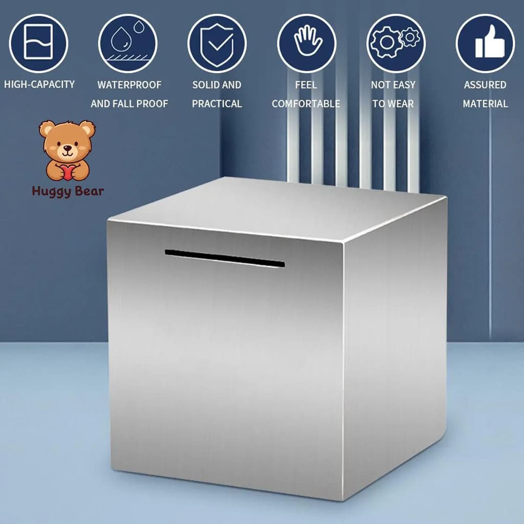 HuggyBear Cofrinho Simples Resistente a Quedas, Caixa de Segurança em Aço Inoxidável para Economizar Dinheiro, Cofrinho