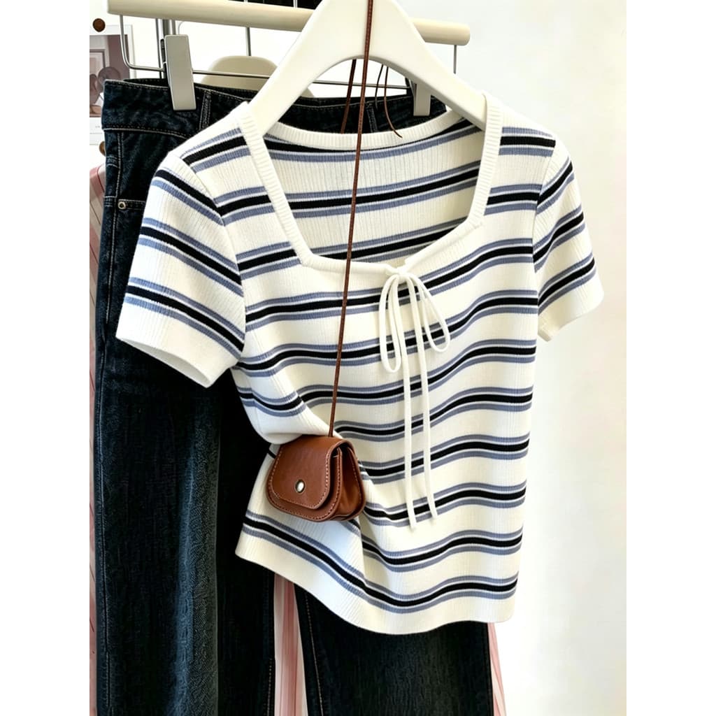 Plus Size feminino francês quadrado pescoço listrado gelo seda de manga curta camiseta feminina verão solto capa barriga