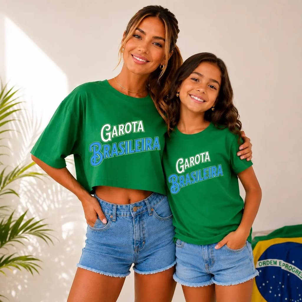 Kit Mãe e Filha Brasil Copa do Mundo Torcida 100% Algodão Cropped e Camiseta Soltinho Super Confortável