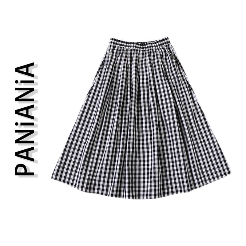 Panianania simples algodão linho preto branco xadrez saia verão novo estilo cintura elástica All-Match comprimento médio