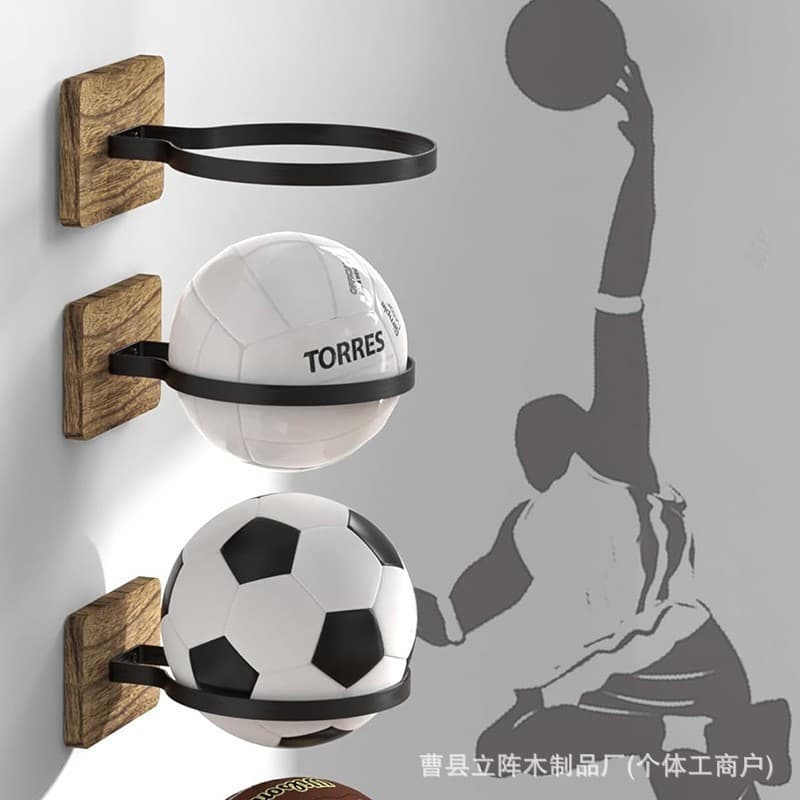 Suporte de parede de madeira para basquete, ferro forjado, basquete, bola de futebol, prateleira de armazenamento, rack