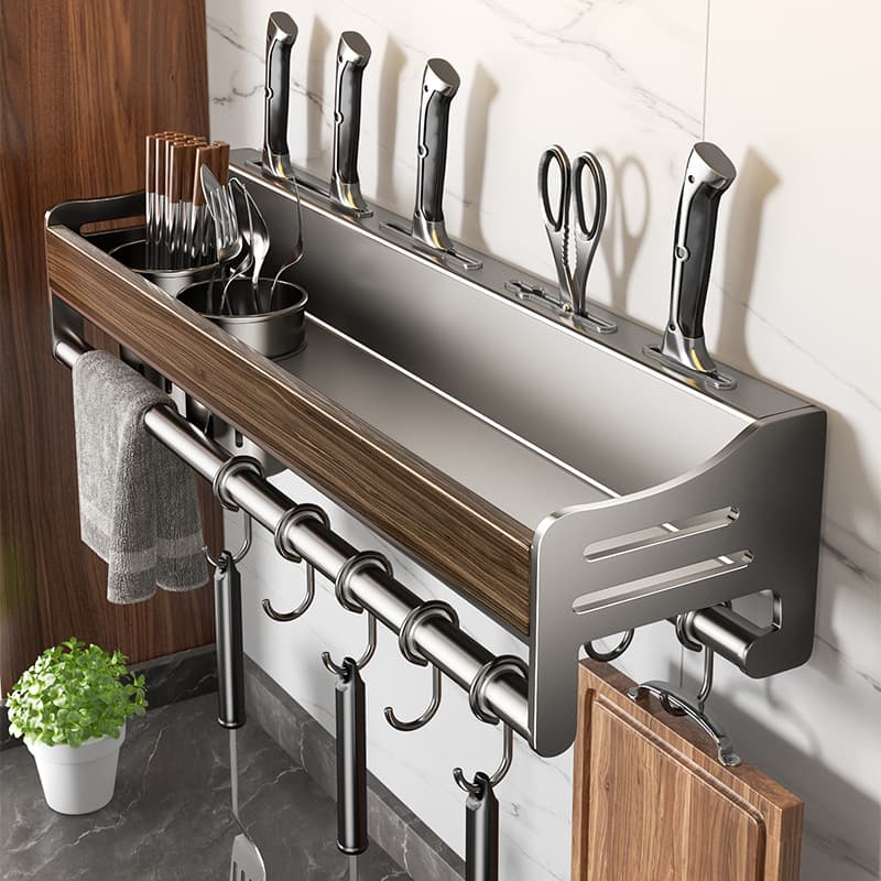Prateleira de cozinha de nogueira, aço inoxidável sem perfuração, montagem na parede, pauzinhos, suporte de faca, suprim