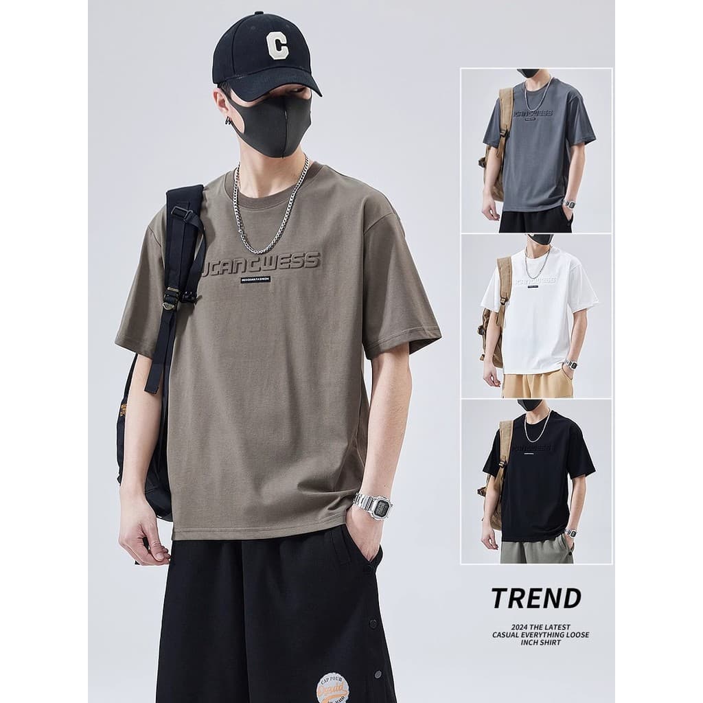 2024 verão fino americano em torno do pescoço de manga curta camiseta masculina Street Wear solto All-Match malha puro a