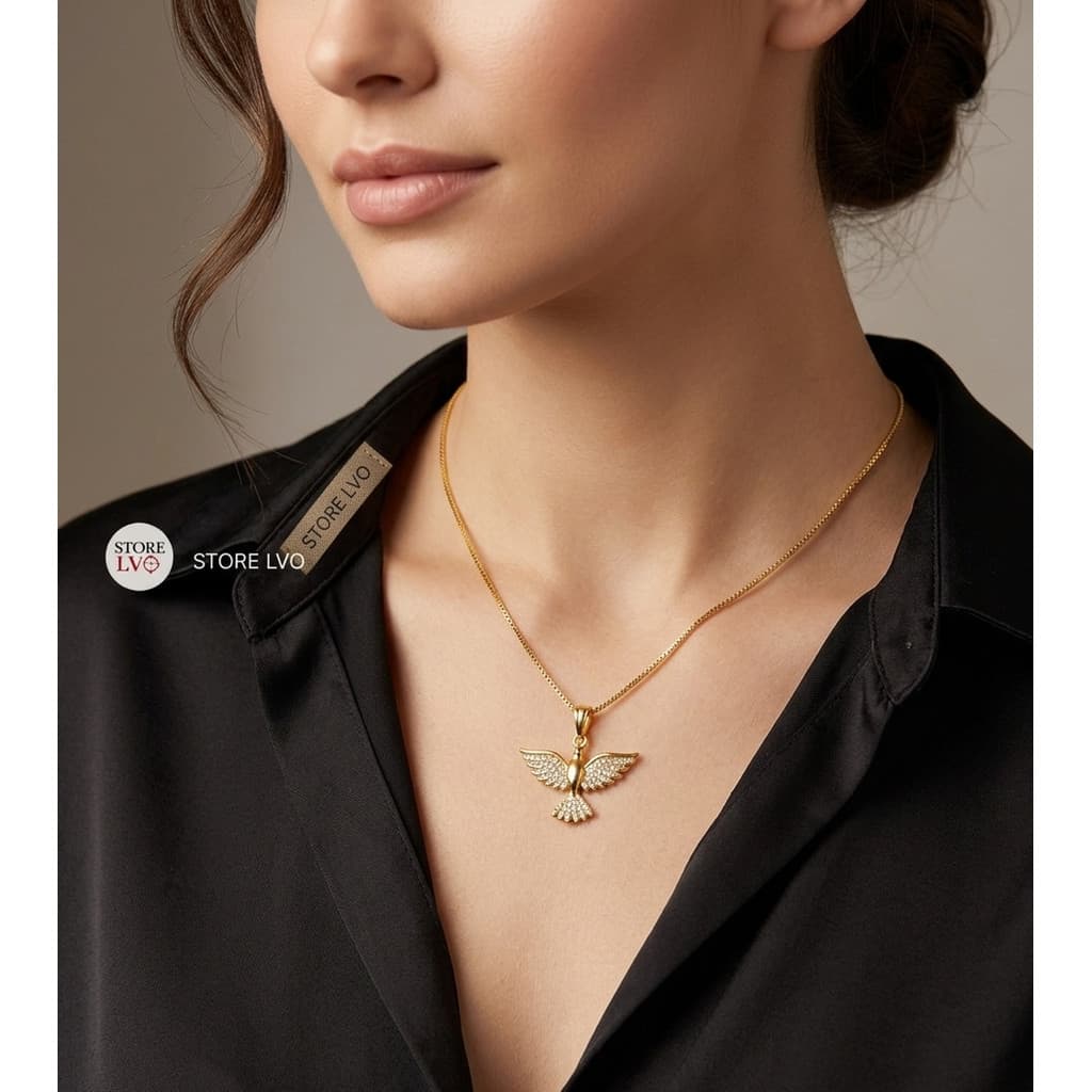 Colar Divino Espírito Santo Pomba Dourado com Zircônias Microcravejadas Feminino Gargantilha elegante Religiosa
