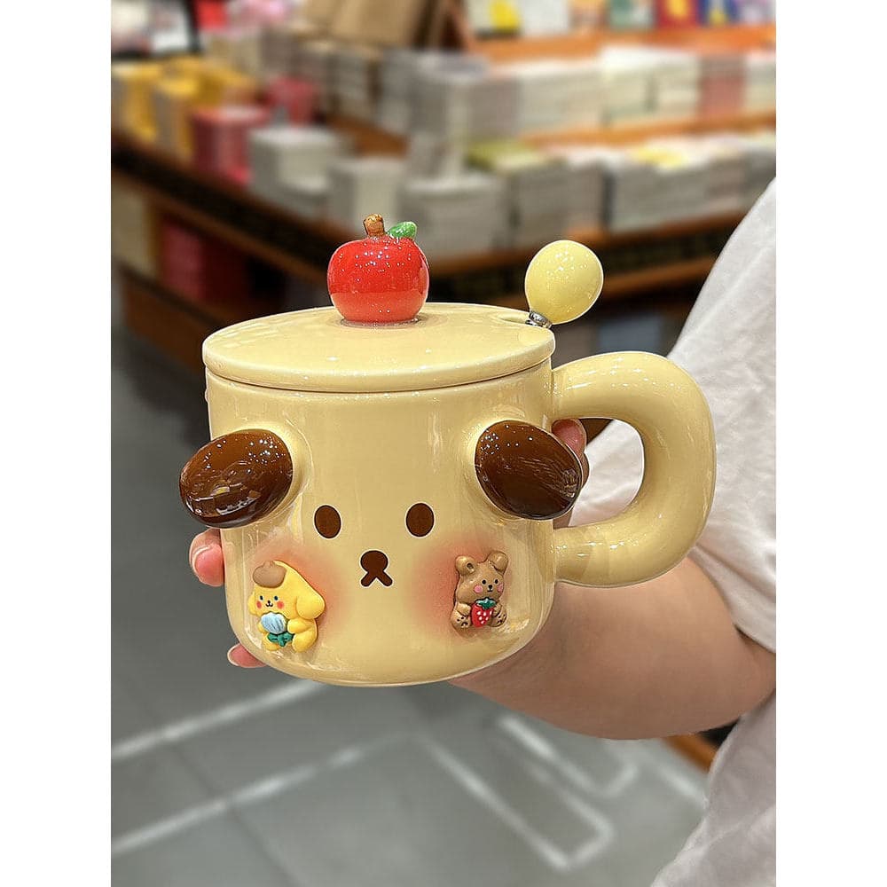 Caneca criativa de cerâmica para cachorro, pudim, com tampa, colher, escritório, café, casa, porco fofo, café da manhã,
