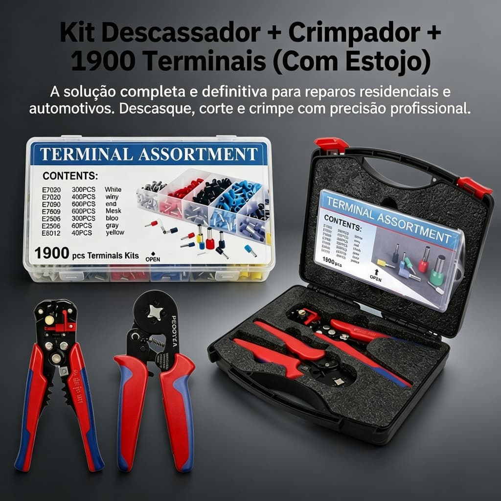 Kit Crimpador Profissional com Alicate de Crimpagem + 1900 Terminais + Decapador 0,25-10mm² para Reparos Automotivo