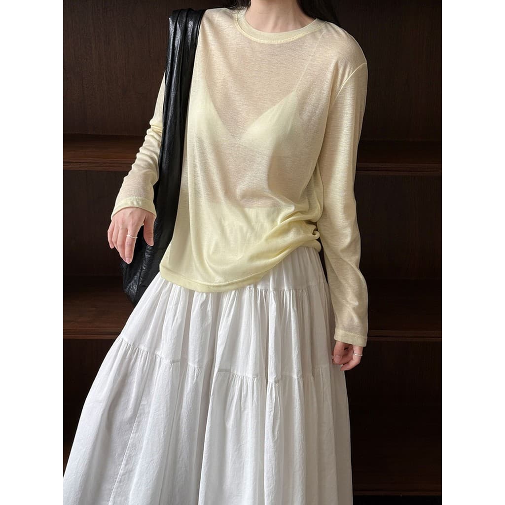 Amarelo fino transparente Tencel protetor solar de manga comprida camiseta feminina máscara blusa de malha nicho de alta