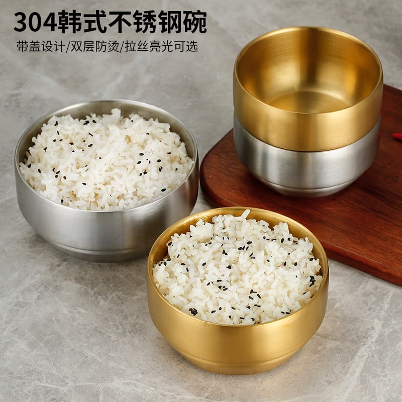 Tigela de arroz cozido no vapor de camada dupla de aço inoxidável estilo coreano com tampa Cozinha coreana Tigela dourad